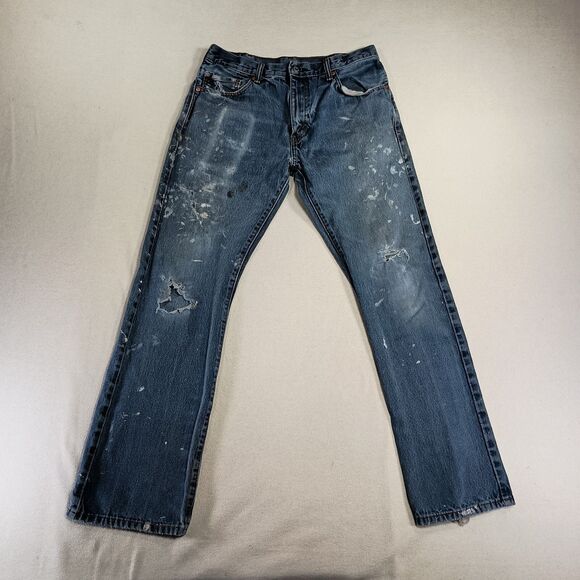 Y2K Levi's 517 Bootcut Jeans Mens 34x34 Fits 32x31.5 Distressed Thrashed Paint - Picture 1 of 16